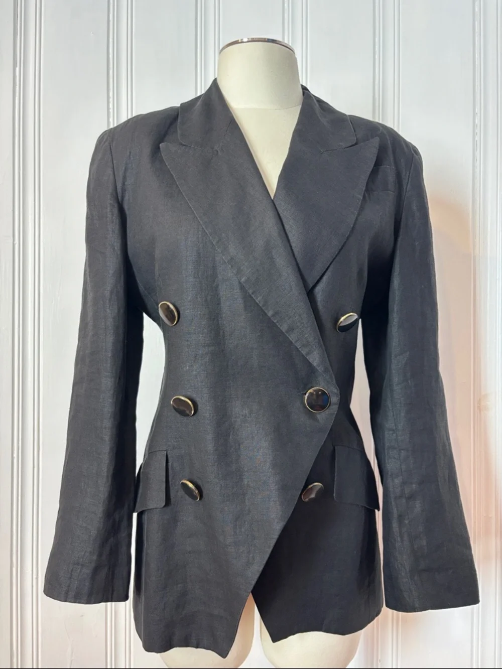 Vintage HOLT RENFREW Double-Breasted Black Linen Blazer | Size Medium estimated - Picture 3 of 10